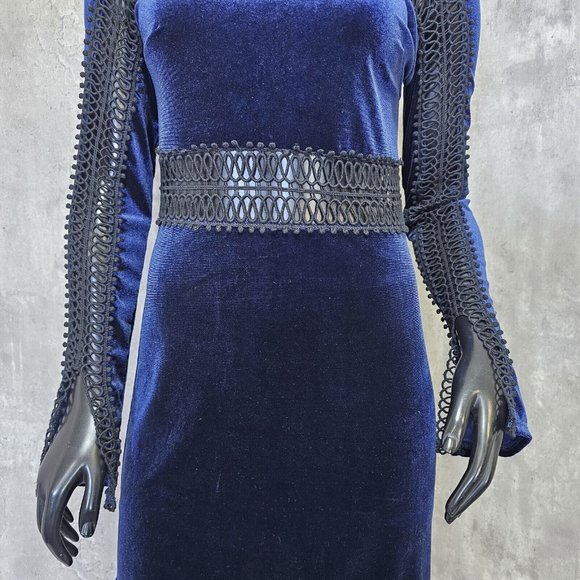 Free Generation LA Womens M Blue Velvet & Black Peekaboo L/S Mockneck Mini Dress - Picture 3 of 9